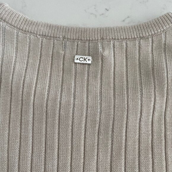 Calvin Klein Neutral Slvless Crew Neck Acrylic Ribbed Knit Top Taupe/Cream Sz S - Picture 5 of 9